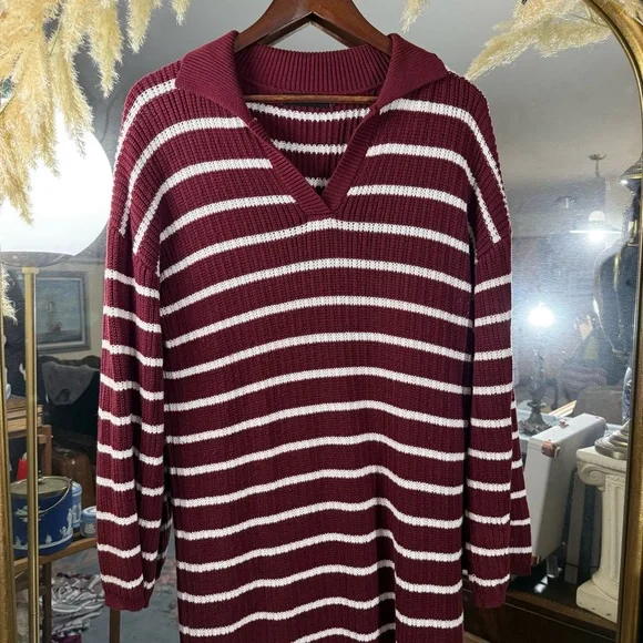 Merokeety Maroon and White Stripe Long Sleeve Sweater Dress with Collar - Picture 3 of 7